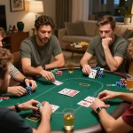 Sahabat menikmati permainan poker yang meriah di rumah, meningkatkan asosiasi scrapbooking mereka melalui kompetisi yang bersahabat.