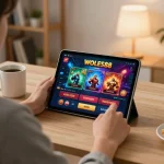 Permainan menarik di platform WOLES88 dengan pengaturan nyaman di rumah menampilkan tablet dan camilan.