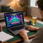 GO8 player concentrating on blackjack strategy at a stylish online casino setup