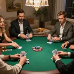 Exciting poker game at home featuring 88aa players strategizing with chips and cards.