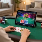 Player engaging with gi88's online poker game on tablet, vibrant chips displayed, stylish home setting.