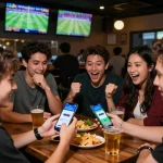 Friends placing bets with NK88 app while enjoying live sports at bar.