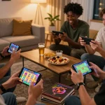 Aksi situs togel di perangkat mobile, menangkap kegembiraan judi online di antara teman-teman di ruang tamu yang nyaman