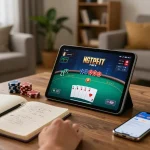 Engaging poker play on tablet during cozy evening at home, showcasing go8 com gaming strategy.