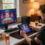 SUNWIN app displayed on tablet during engaging at-home gaming session, showing responsible gambling.