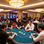 Exciting gameplay at Sunwin casino featuring players engaged at poker tables with vibrant ambiance and elegant decor.