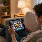 Player enjoying a slot 5k game on the tablet in a cozy home setting, showcasing gameplay excitement and responsible gaming.