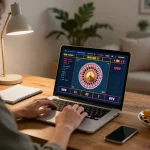 Engaging in kerajaanslot online gaming during cozy home session with strategy notes