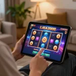 LIGA2000 online slot gameplay on a tablet in a cozy living room.