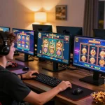Engaging in online gambling at home with tx88, showcasing immersive casino games and vibrant gaming setup.