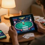 Engaged player on tr88 app enjoying online poker with strategy notes nearby.