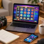 Engaging online gaming scene of situs slot gameplay on a laptop with colorful slots and strategy notes.