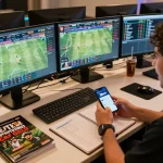 Person engaging with 78win app for sports betting, surrounded by monitors showing live odds.