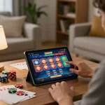 Engaged player enjoying Canada online casinos on tablet, surrounded by strategy notes and poker chips.