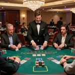 Players strategizing their bets at a busy blackjack table in a Vegas casino, highlighting tg88's thrilling atmosphere.