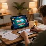 Engaging home gaming scene with a user at smartcityhostels using a tablet for a live poker game.