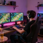 Player immersed in gaming on foya888 platform, vibrant screens and gaming setup.