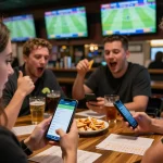 Cakhia app used for live sports betting while surrounded by screens showing football matches.