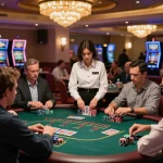 Sesi blackjack strategis di kasino yang ramai menyoroti todosobrecomunicacion dan intensitas permainan.