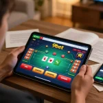 Engaging with 9bet online casino game on a tablet in a cozy home setting.