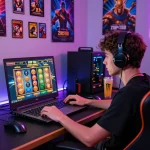 Engaged player experiencing thrilling slots on Zeus138 with vibrant colors and gaming accessories.