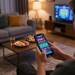Engaging with the PLANET88 casino app on a smartphone in a cozy living room atmosphere.