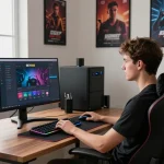 SKY88 gaming workspace with monitor and modern decor highlighting digital experience.