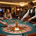 Exciting scene at the nhà cái BL555 roulette table with players placing bets and dealer spinning the wheel.