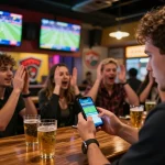 Exciting moment of using the 7meter Parlay app while celebrating a betting success in a sports bar.