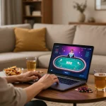 Player engaging in online poker at kuwinfi in a cozy home setting, highlighting interactive gameplay.