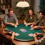 Engaging poker game scene highlighting players enjoying okking at home.