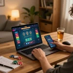 Player engaging on TR88 platform for online betting with strategic notes and drinks