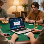 Pemain poker Dewi999 terlarut dalam permainan online dengan pengaturan rumah yang dipersonalisasi dan antarmuka laptop yang aktif.