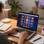Engaging online session at jus77 with strategic betting notes and colorful slot games on display.