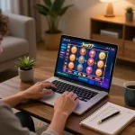 Pemain menikmati momen strategis dengan permainan daring jus77, laptop menampilkan aksi slot yang mendebarkan