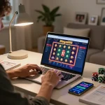Engaging with mega888 online casino via laptop, showcasing vibrant slot games and strategic setup