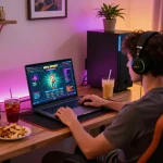 Engaging online gaming experience with mpo sport interface displayed on laptop, reflecting a cozy home atmosphere