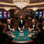 High-stakes poker game at Say88 casino with elegant decor and focused players.