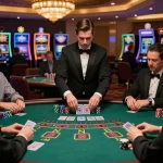 Players engaging in a thrilling blackjack game at rwin casino table, showcasing strategic bets and dealer action.