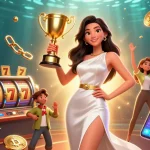 Engagez-vous avec des stratégies gagnantes et des bonus de casino en ligne dans une scène 3D captivante mettant en avant des éléments de casino.