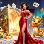 KTO players celebrate big wins in an extravagant casino setting with floating playing cards and gold treasures.