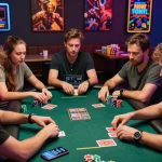 A group of friends enjoying a game session on the Sunwin app, showcasing the excitement of tải sunwin in a lively and modern gambling setting.