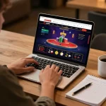 Engaged player using JUN88 app on laptop while reviewing strategy notes in a cozy home setup.