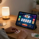 Experience thrilling gameplay at Win678 com with live-dealer blackjack on tablet, showcasing a stylish home setup.