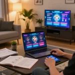 Player engaging with non gamstop casinos on laptop at home, showcasing vibrant gaming interface