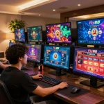 Engaging user interacts with Fly88 online casino games on multiple screens, showcasing online gambling excitement.