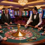 kp88 players engaged in an exciting roulette game at a luxurious casino, showcasing dynamic betting moments.