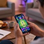 Engaging player enjoying kdslot app on smartphone in cozy home setup