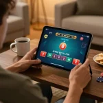 Player enjoying blackjack on gg88 mobile app in cozy home environment with snacks and tablet.