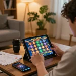 Engaged player enjoying slots on tablet for FAFA 828 in a cozy home setting, emphasizing strategic gameplay.